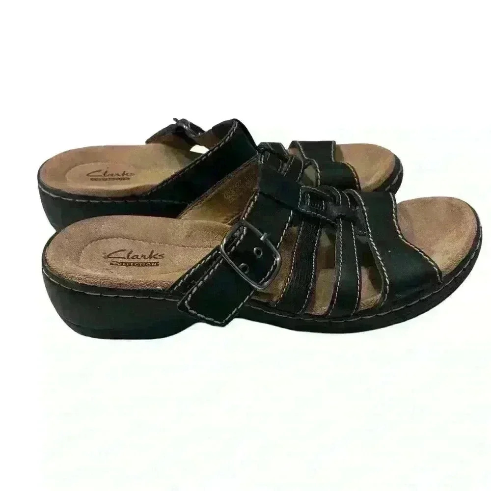clark’s  Bendables Womens Size 8 Leather Cross Strap Slide Sandals Shoes black